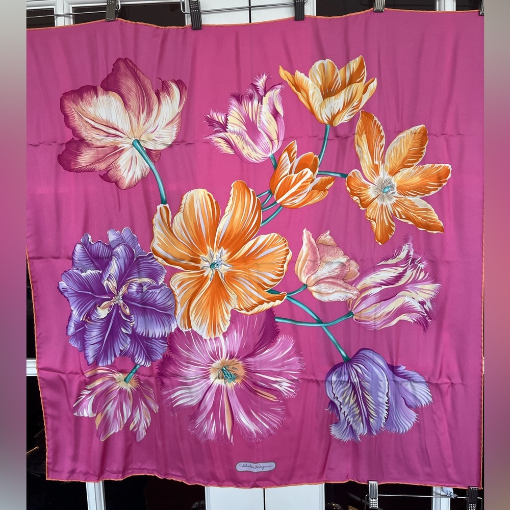 Salvatore Ferragamo Floral Pink Silk Scarf with Orange Trim